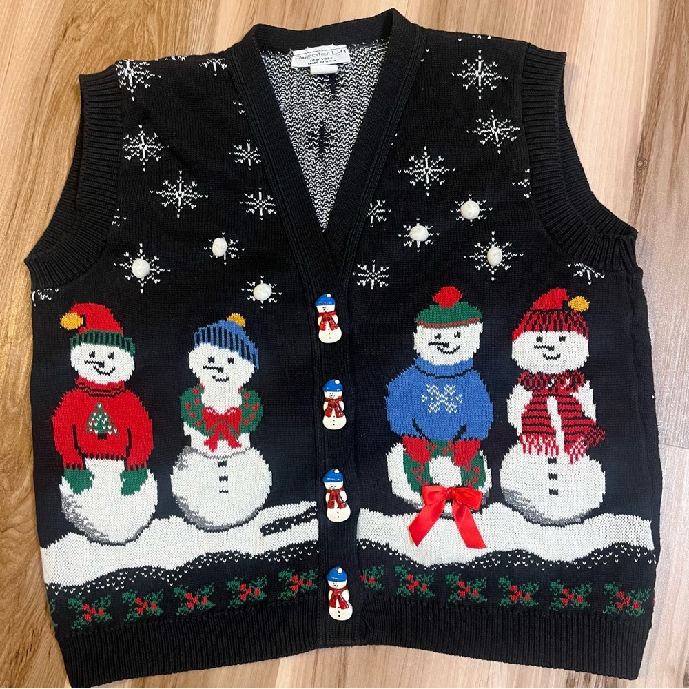 Vintage Sweater Loft Women’s Large L Xmas Snowman Vest USA Knit Cotton Christmas